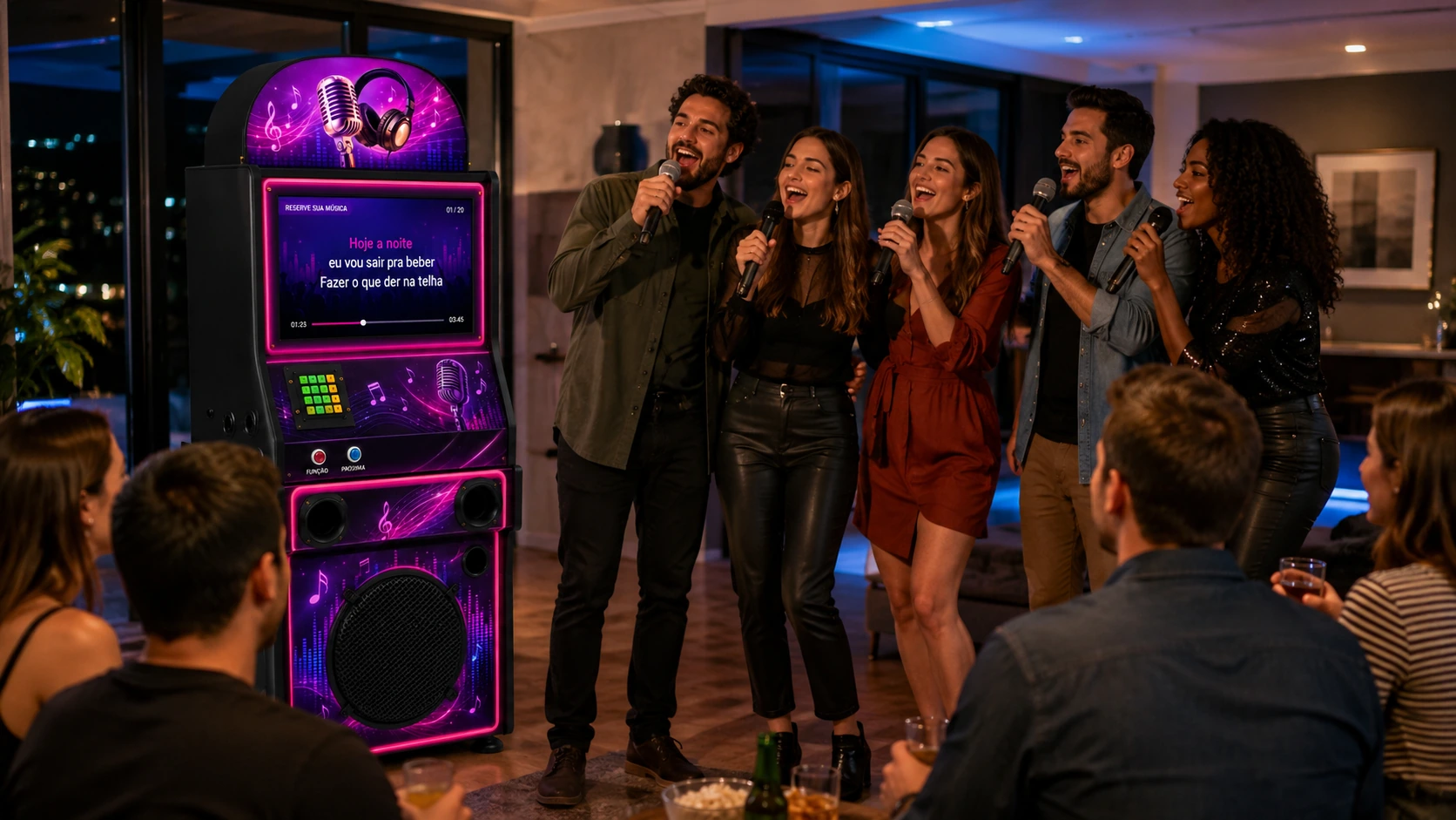 Grupo cantando e olhando para a tela do karaokê